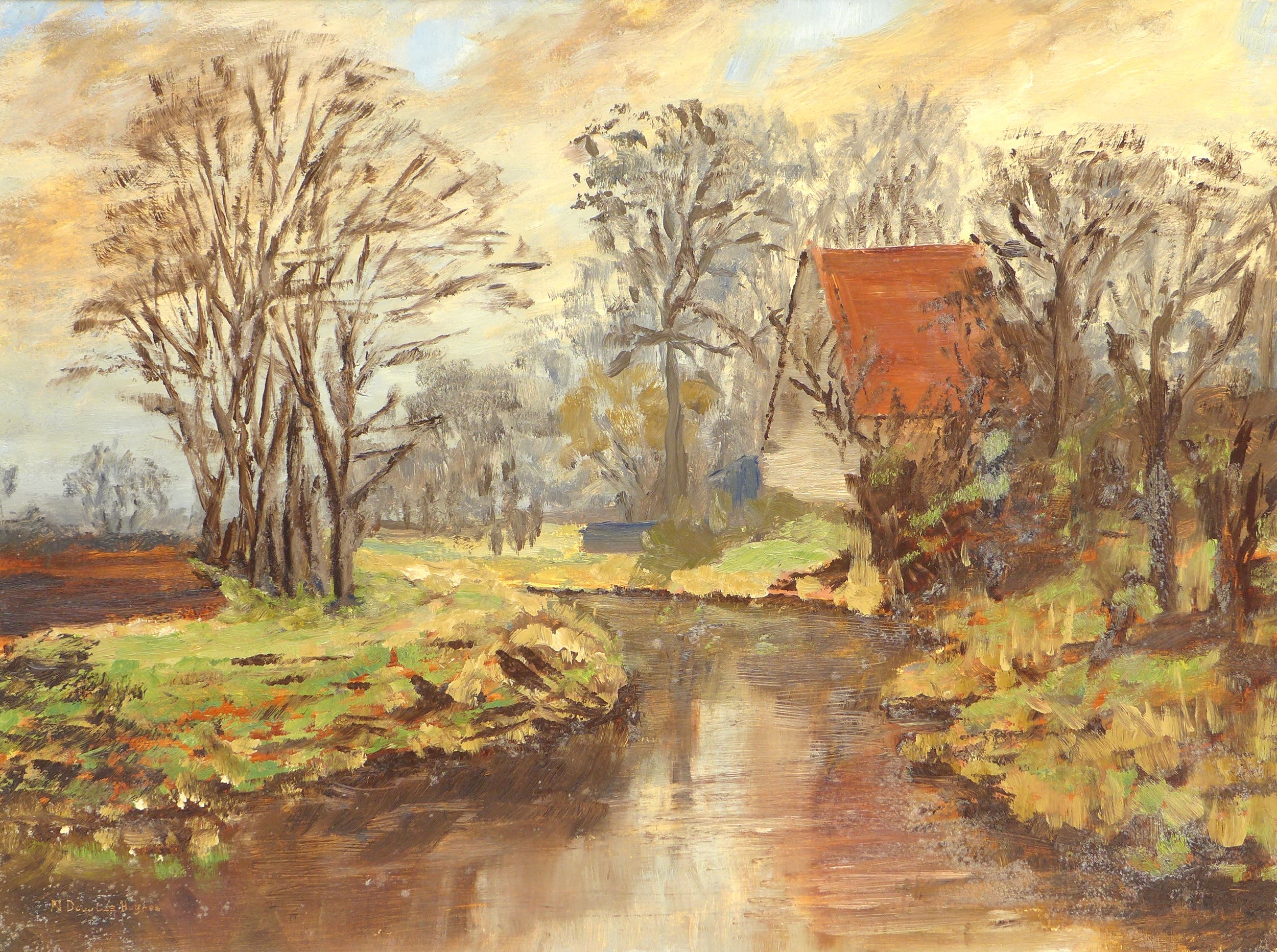 Norman Douglas Hughes (British, late 20th century): 'Burwell Lode' Cambridgeshire landscape, oil