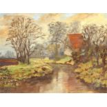 Norman Douglas Hughes (British, late 20th century): 'Burwell Lode' Cambridgeshire landscape, oil