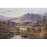 Charles W. Oswald (British, active 1892-1900): Highland cattle scene, depicting six animals