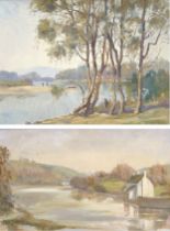 Owen Bond (British, 20th century): river scene, signed lower right, oil on board, 29 by 39cm,