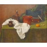 Jeffery Courtney (British, 20th century): still life, depicting various object on a green cloth
