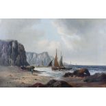 British School (19th century): a seascape, with sailing boat approaching the beach, and several