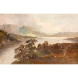 Joel Owen (British, 1892-1931): a landscape view, depicting a mountain lake with tree lined schor,