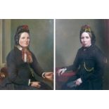 A pair of Victorian portraits, both half length, each depicting a woman in black dress and