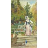 J. Lowe (British School, early 20th century): depicting a woman stood in a garden feeding two