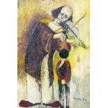 Jenny Fernandez Diaz (b. 1935): Clown playing a violin, oil on canvas, signed and dated '64', 61.5