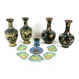 A group of Chinese cloisonne enamel vases and enamelled dishes, comprising two pairs of baluster