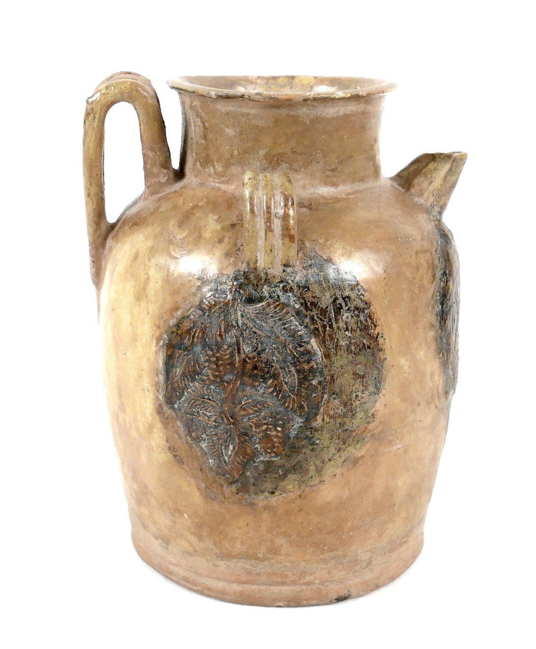 A Chinese Tang Dynasty pottery wine jar, with short spout and three loop handles, applied decoration - Image 3 of 7