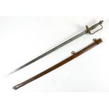 A mid 19th century sword, with solid brass guard and wire bound grip, rusted metal sheath, blade