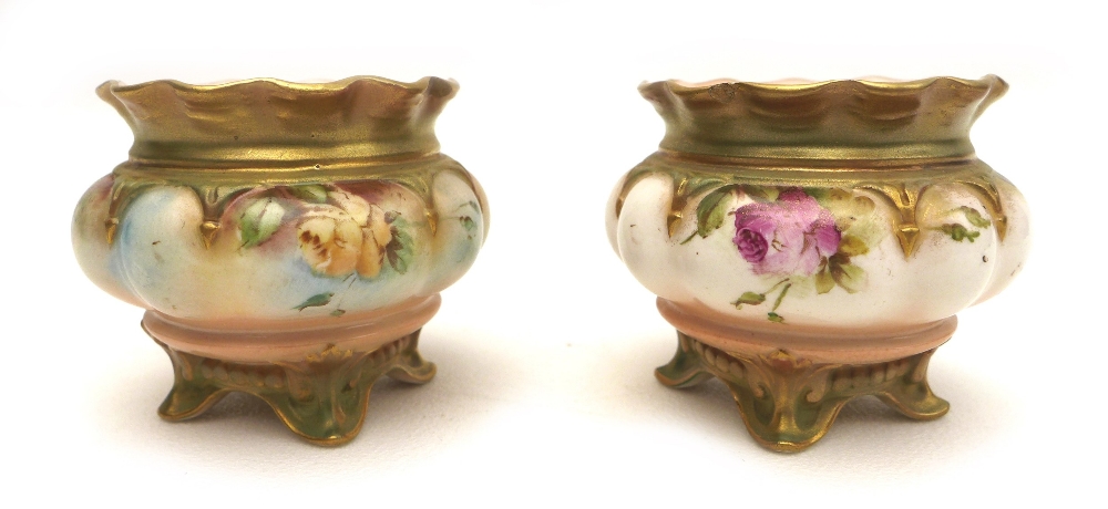 A group of four Royal Worcester pieces, comprising a pair of open salts, hand painted with roses, ' - Image 3 of 11