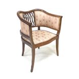 An Edwardian bedroom/salon chair by Sholbred, mahogany and inlaid with twisted ribbon back and