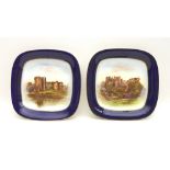 A pair of Royal Worcester square plates, decorated with views of Chepstow and Ludlow castle to a