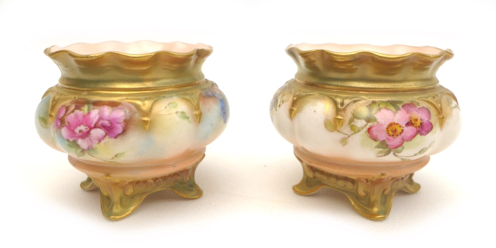 A group of four Royal Worcester pieces, comprising a pair of open salts, hand painted with roses, ' - Image 2 of 11