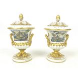 A pair of early 19th century Derby campana urns, with inner linings, covers and twin handles,