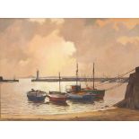 Don Micklethwaite (British, b. 1936): a study of moored boats in a marina at sunset, oil on