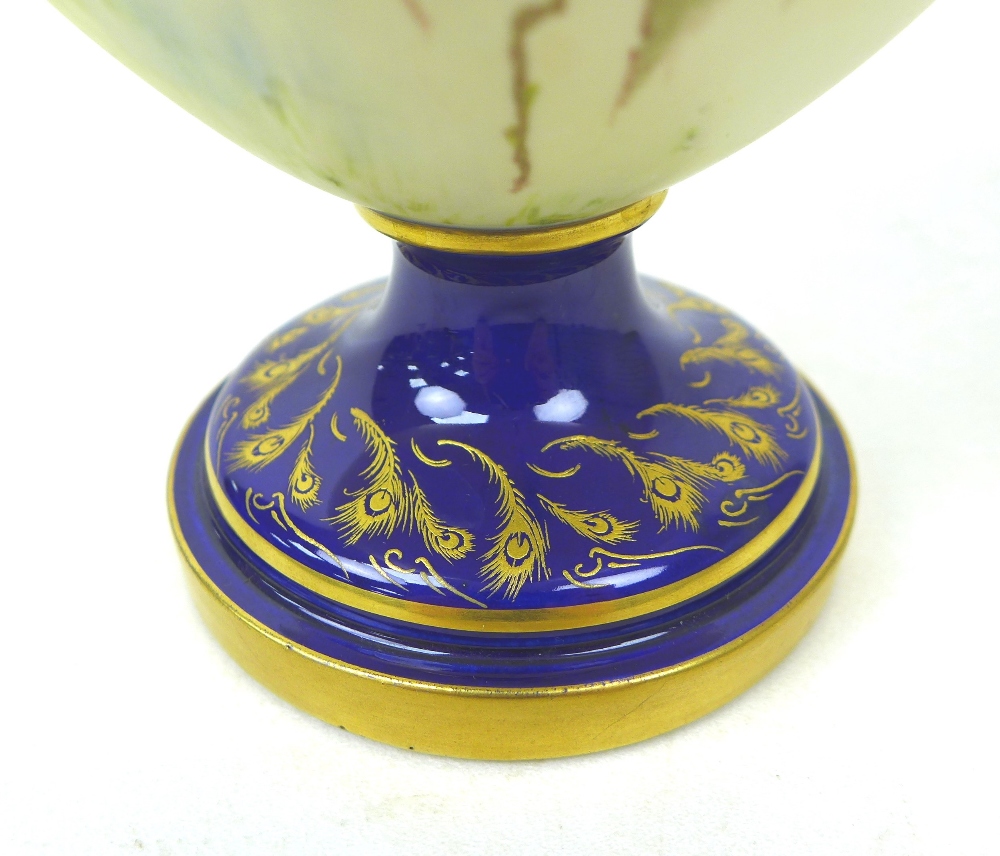 A Royal Worcester vase and cover, painted with a peacock perched on a branch in a blossom tree, on - Image 8 of 9