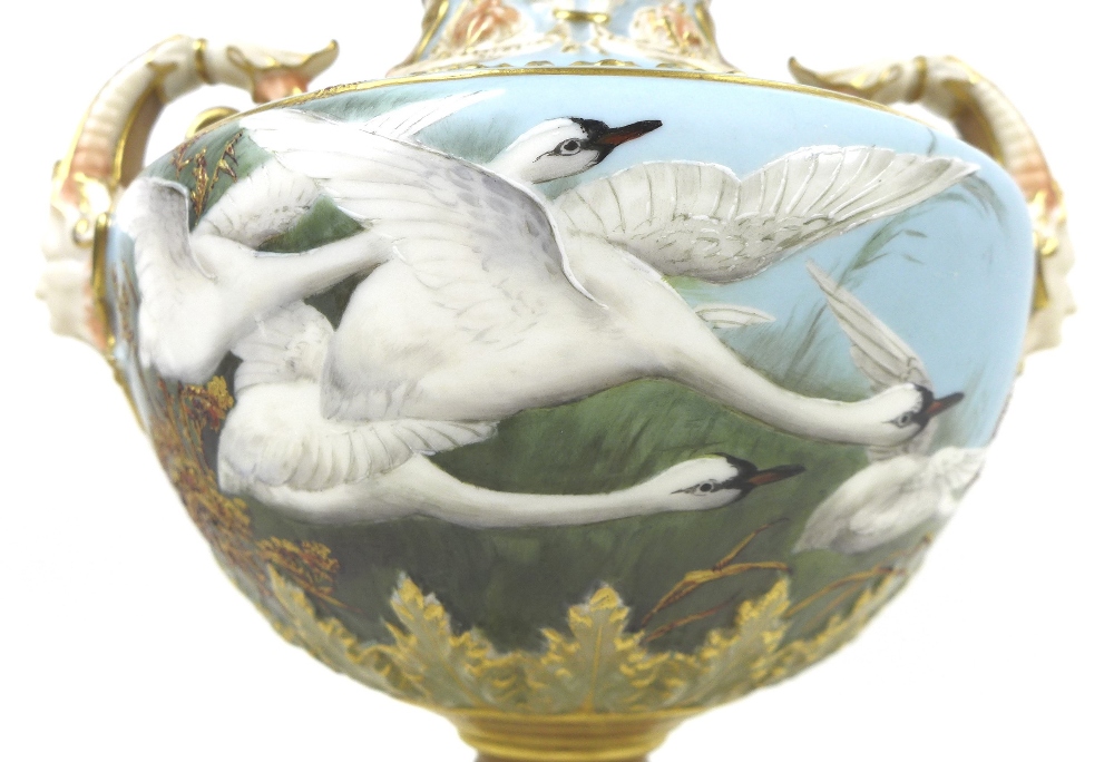 A Royal Worcester vase by Raymond Rea, painted with four swans in flight to a powder blue ground, - Image 6 of 12