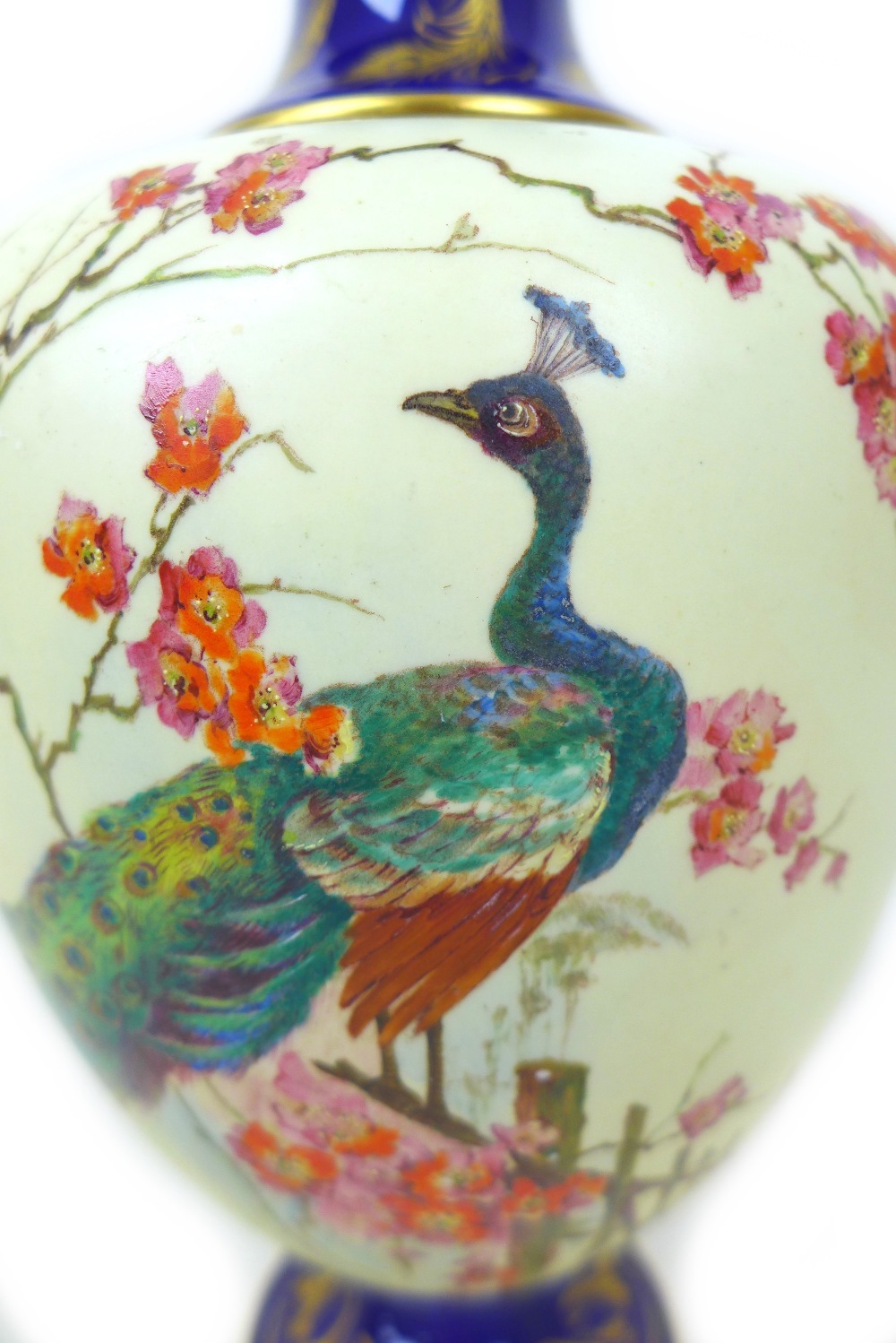 A Royal Worcester vase and cover, painted with a peacock perched on a branch in a blossom tree, on - Image 5 of 9
