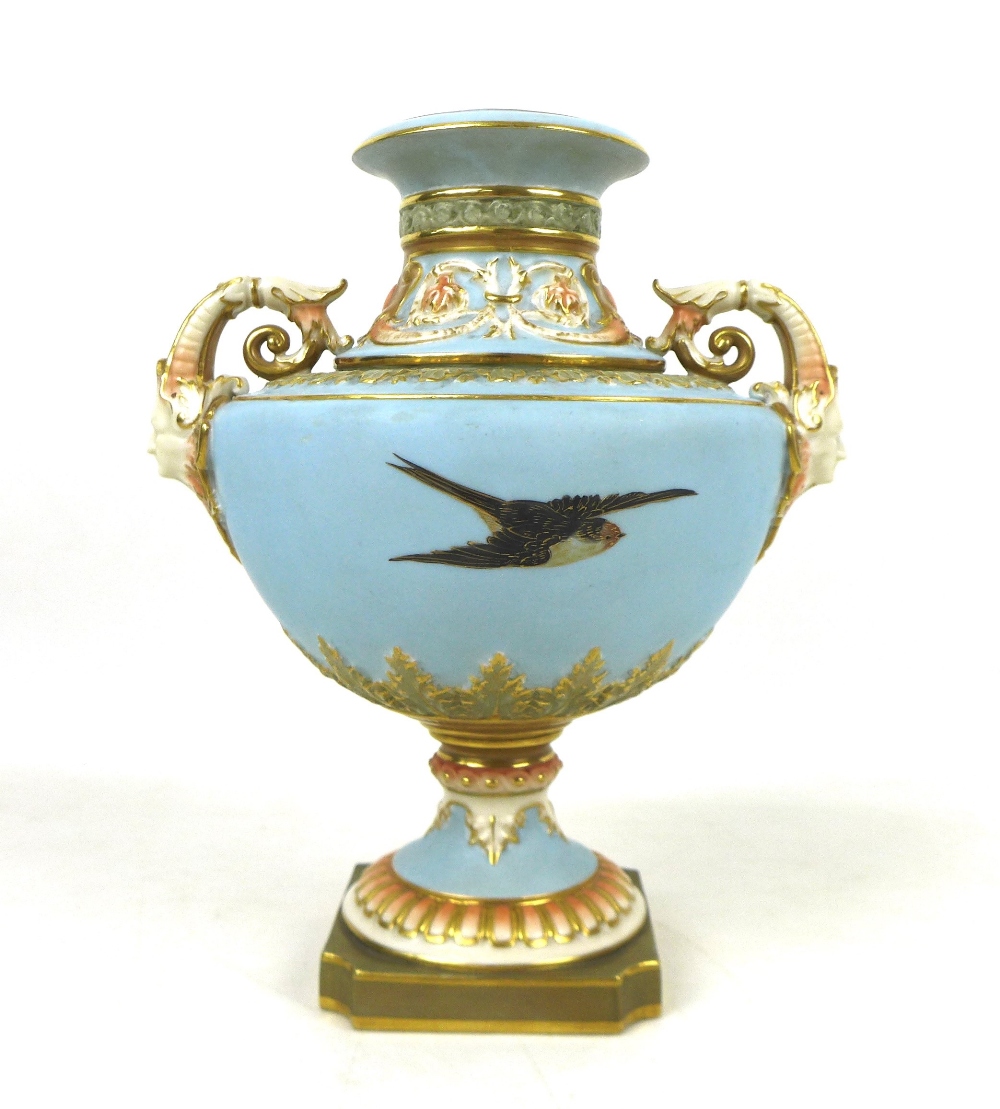 A Royal Worcester vase by Raymond Rea, painted with four swans in flight to a powder blue ground, - Image 4 of 12