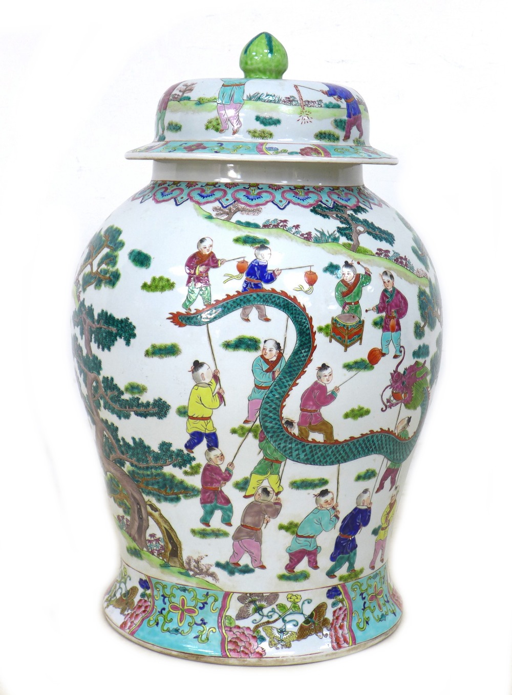 A large Chinese porcelain baluster vase and cover, mid to late 20th century, painted in coloured