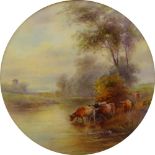 A Royal Worcester plaque painted by John Stinton, depicting five highland cattle watering by a