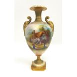 A fine Royal Worcester twin handled vase by A. Lewis, painted with figures in a cottage scene near a