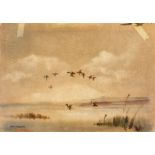 John Snelling FRSA (British, b. 1914): 'Mallards in Flight', signed lower left, watercolour, 21.5 by