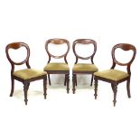 A set of four Victorian mahogany balloon back dining chairs by James Reilly, with beige velvet
