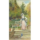 J. Lowe (British School, early 20th century): depicting a woman stood in a garden feeding two