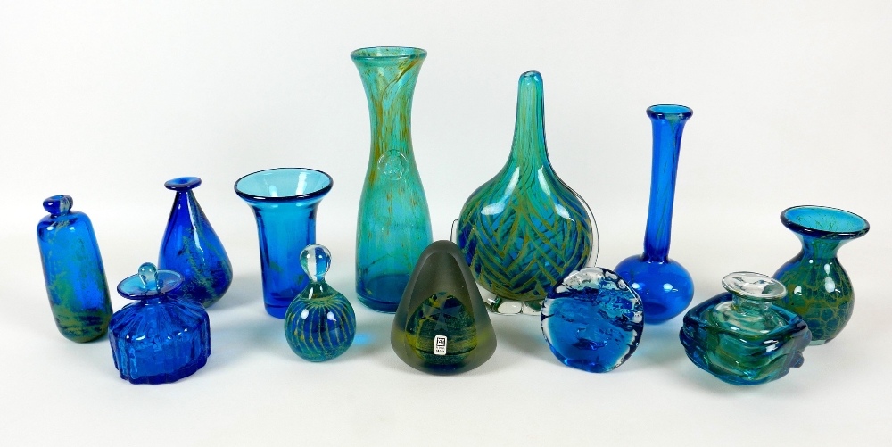 A collection of various Mdina glassware, six pieces with engraved signatures, to include a vase with