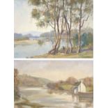 Owen Bond (British, 20th century): river scene, signed lower right, oil on board, 29 by 39cm,