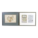 Two 18th century maps, an 18th century engraving, ‘Leicestershire’, framed together with an 18th