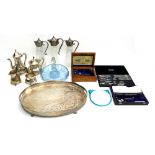 A collection of silver plate, drawing implements, and boxes, including a Sheffield EPNS serving