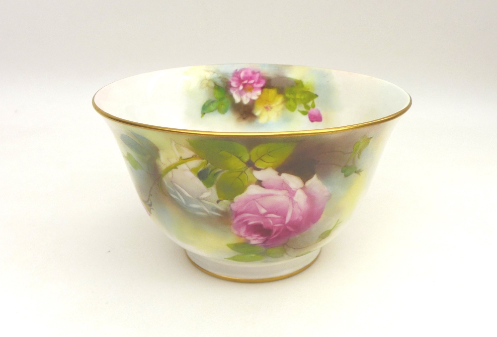 A Royal Worcester bowl, hand painted with pink roses to bowl interior and exterior, signed 'M.