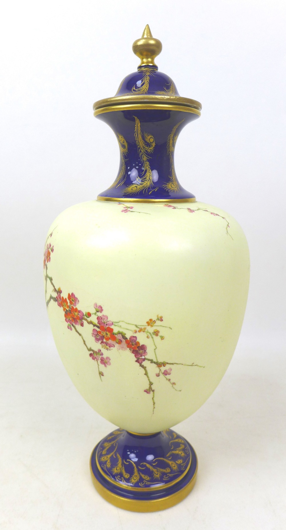 A Royal Worcester vase and cover, painted with a peacock perched on a branch in a blossom tree, on - Image 3 of 9