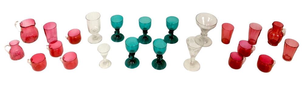 A group of 19th century and other glass, comprising a set of five 19th century Bristol green glass