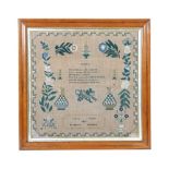 An early Victorian sampler, by Mary Kinder, Wrenbury Seminary, dated 1839, 41.5 by 42.5cm,