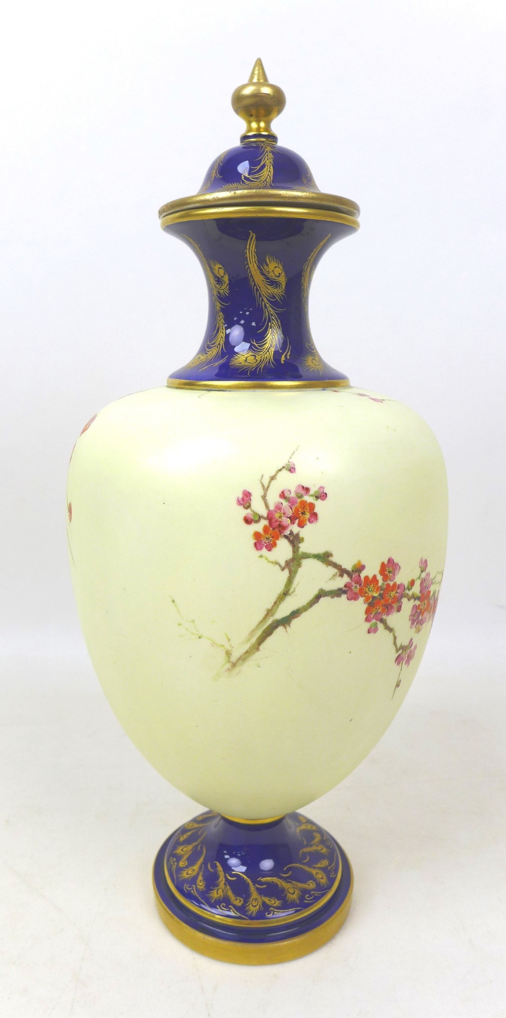 A Royal Worcester vase and cover, painted with a peacock perched on a branch in a blossom tree, on - Image 4 of 9