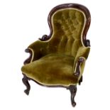 A Victorian mahogany show frame armchair, button back, upholstered in brown velvet, 72.5 by 73.5
