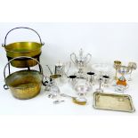 A collection of silver plate and metal wares, including a samovar, two jamming pans, together with a
