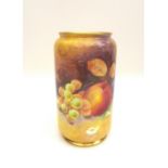 A Paragon cylindrical vase by A. Holland, painted with plums, grapes and apples, in the Royal