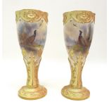 A pair of Royal Worcester vases by James Stinton, date codes for 1908, of shape 1047, each painted