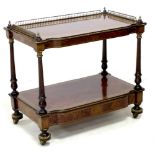 A Victorian burr walnut veneered two tier whatnot, boxwood strung, and with gilt metal galleried top