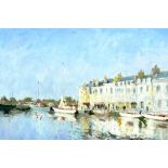 Continental School (late 20th century): harbour scene, depicting moored boats and buildings to the