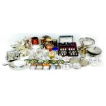 A large collection of assorted silver plated and copper metal wares, including a cased cruet set, an