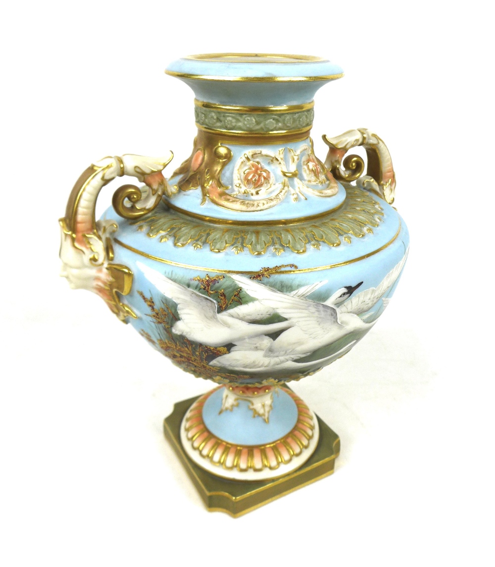 A Royal Worcester vase by Raymond Rea, painted with four swans in flight to a powder blue ground, - Image 2 of 12