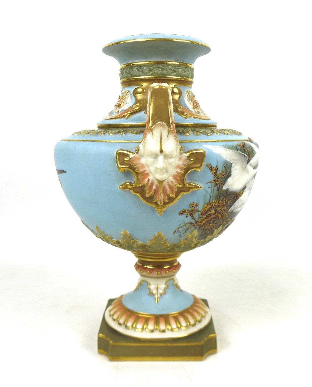 A Royal Worcester vase by Raymond Rea, painted with four swans in flight to a powder blue ground, - Image 3 of 12