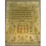 A Victorian sampler, by Ann Hallam, dated 1816, 31.5 by 25.5cm, mounted, glazed, and framed, 37.5 by
