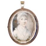 A large early 19th century gold framed portrait miniature, depicting a lady in a white dress and