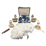 A group of dressing table items, comprising an eleven piece silver and pale gold guilloche enamel